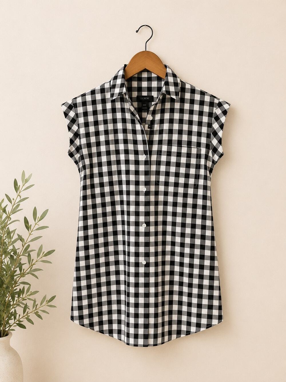 J.Crew Gingham Shirt Dress Black White Button Front Cap Sleeve Cotton Size XXS